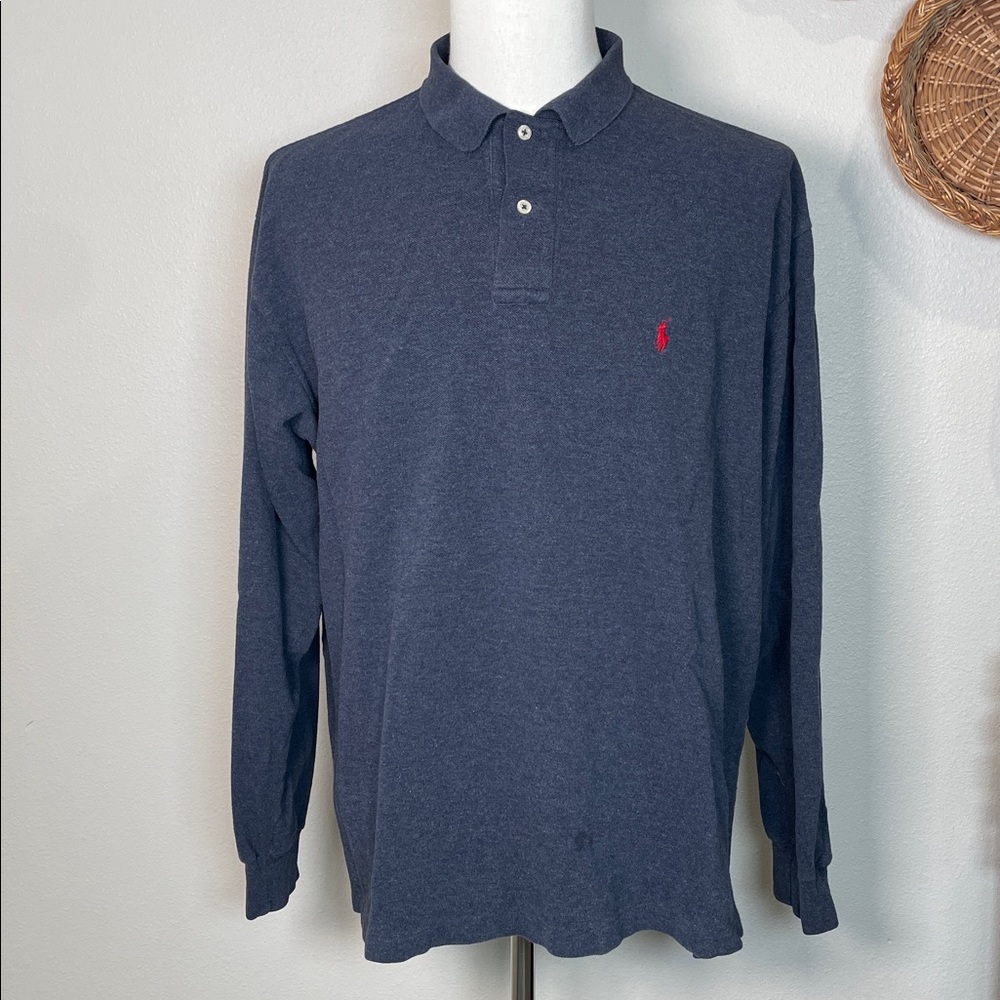 Mens Polo Ralph Lauren Long Sleeve Polo Henley Shirt Blue Red Pony Size X-Large